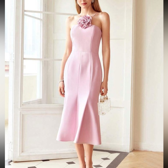 3D Flower applique rosette midi dress light pink - Picture 3 of 6